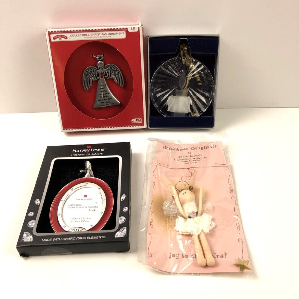 Christmas Ornament Lot of 4 Mikasa Crystal Candle,2 Angels &Swarovski 2014 Frame